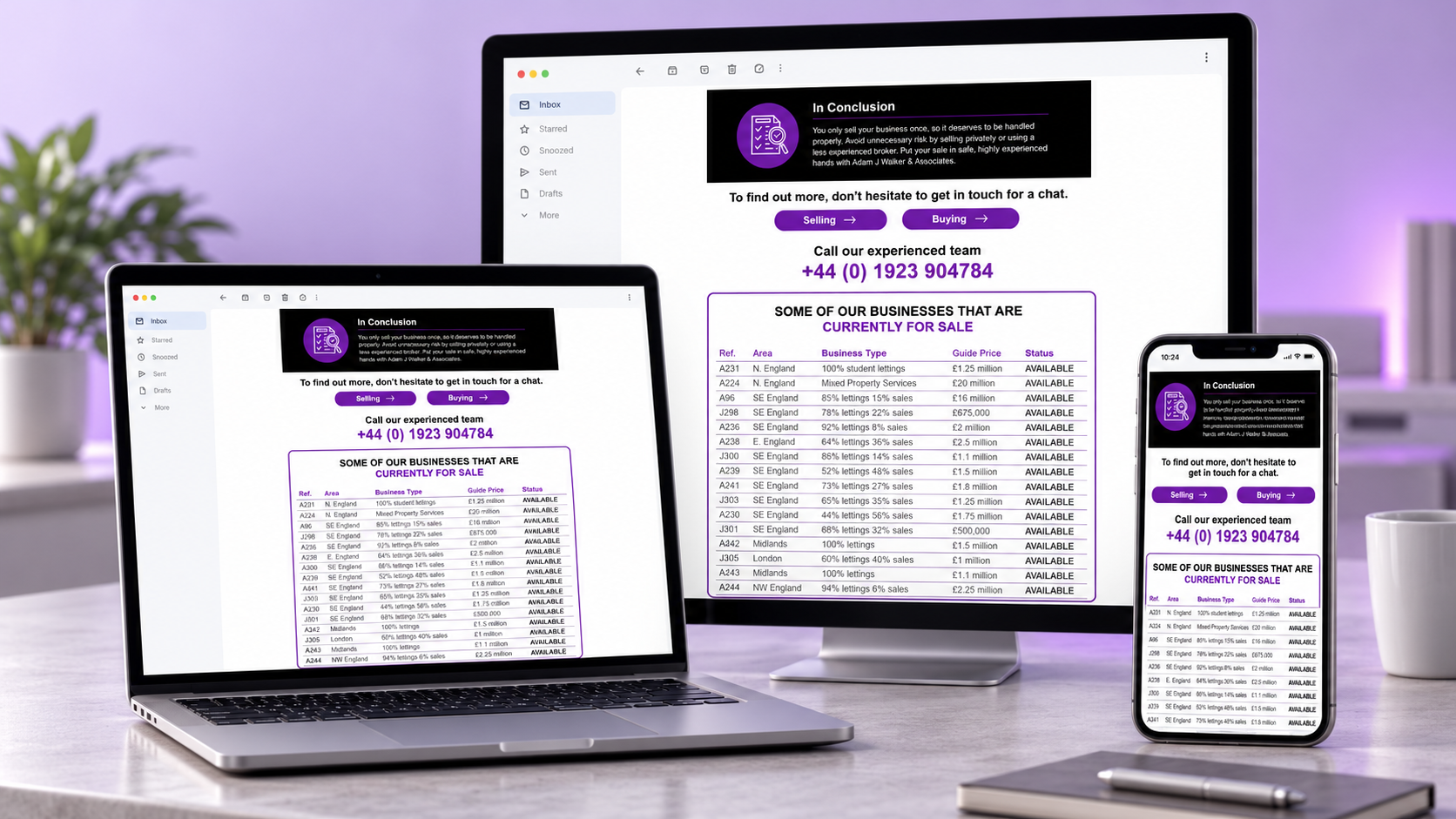 Adam J Walker property email newsletter displayed on a desktop monitor, tablet and mobile phone.