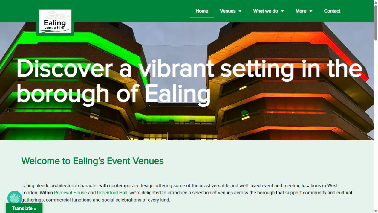 Ealing Venues website homepage showcasing spaces available for hire in Ealing.
