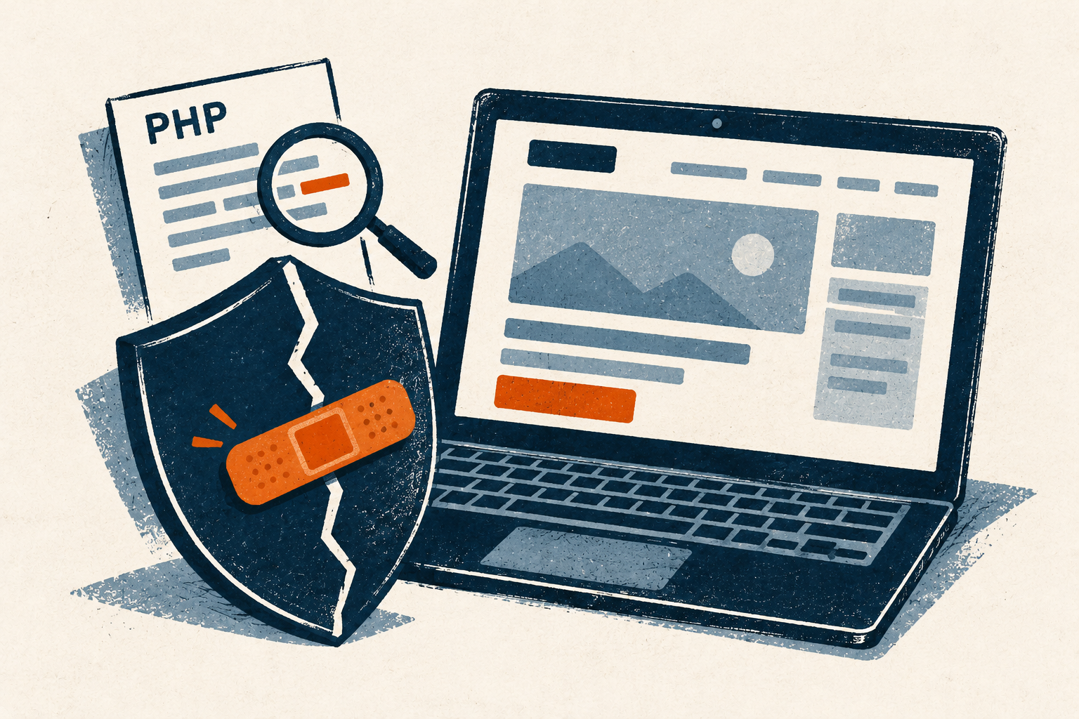 Illustration of a laptop, PHP code inspection and a security shield for website protection.